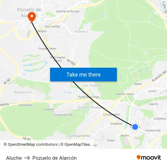 Aluche to Pozuelo de Alarcón map