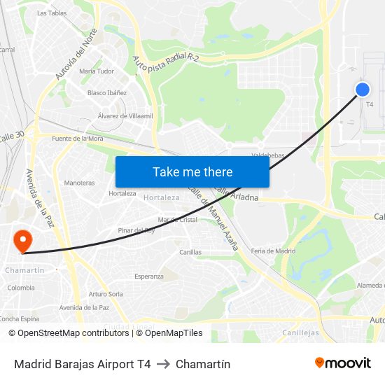 Madrid Barajas Airport T4 to Chamartín map