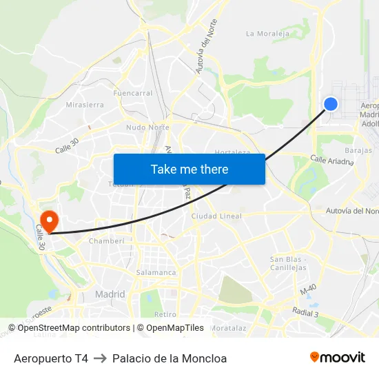 Aeropuerto T4 to Palacio de la Moncloa map