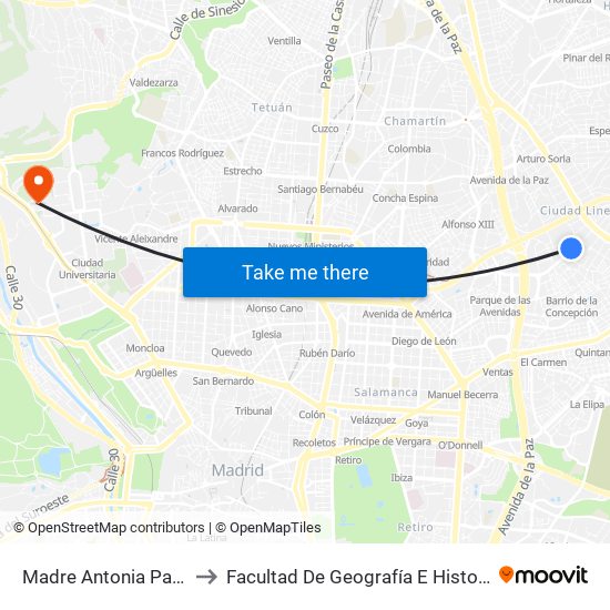 Madre Antonia París to Facultad De Geografía E Historia map