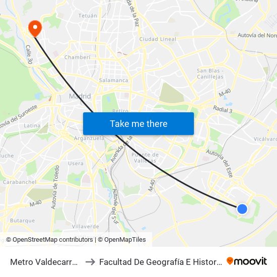 Metro Valdecarros to Facultad De Geografía E Historia map