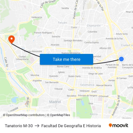 Tanatorio M-30 to Facultad De Geografía E Historia map