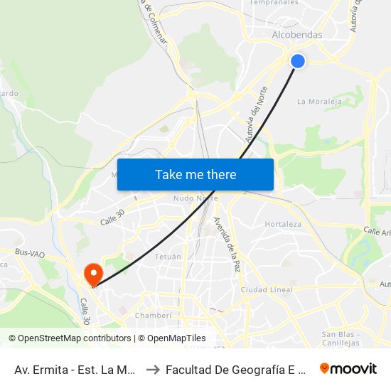 Av. Ermita - Est. La Moraleja to Facultad De Geografía E Historia map