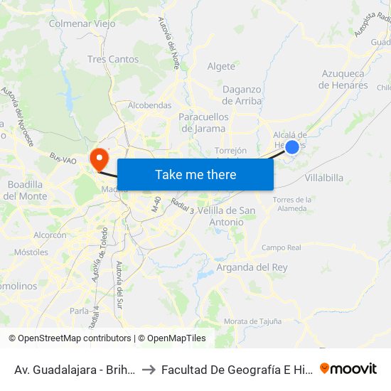 Av. Guadalajara - Brihuega to Facultad De Geografía E Historia map