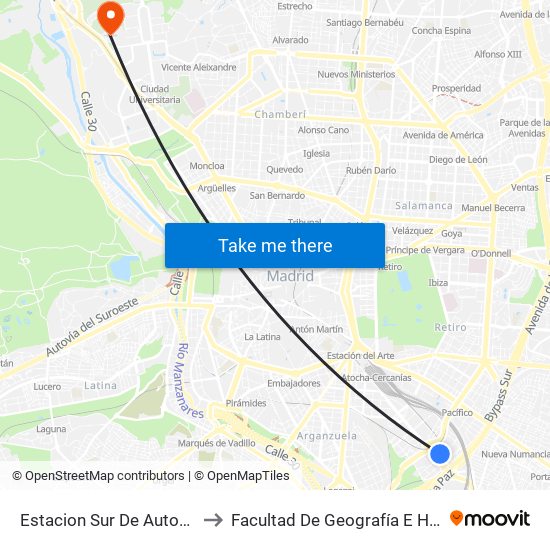 Estacion Sur De Autobuses to Facultad De Geografía E Historia map