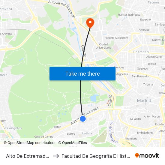 Alto De Extremadura to Facultad De Geografía E Historia map