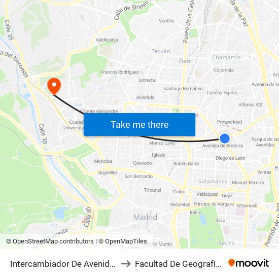 Intercambiador De Avenida De América to Facultad De Geografía E Historia map
