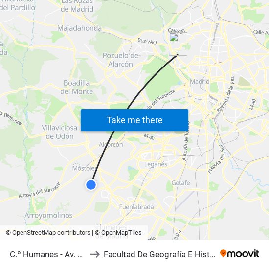 C.º Humanes - Av. Onu to Facultad De Geografía E Historia map