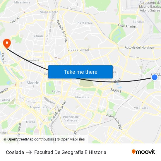 Coslada to Facultad De Geografía E Historia map