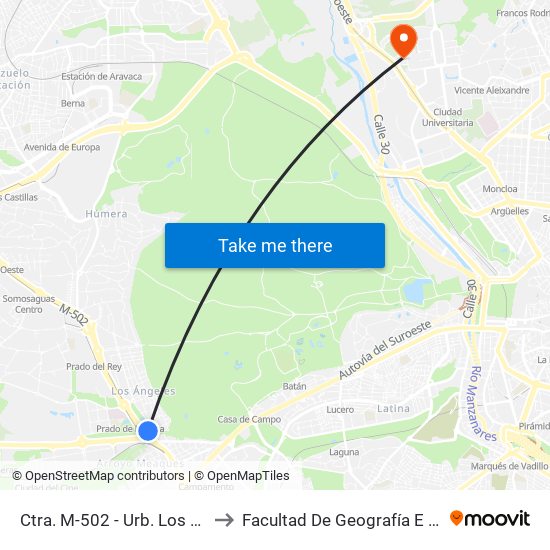 Ctra. M-502 - Urb. Los Ángeles to Facultad De Geografía E Historia map