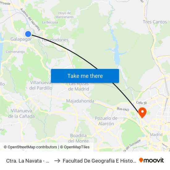 Ctra. La Navata - Sol to Facultad De Geografía E Historia map