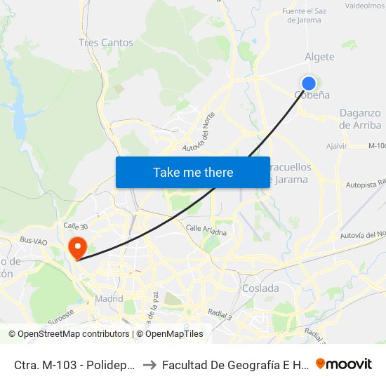 Ctra. M-103 - Polideportivo to Facultad De Geografía E Historia map