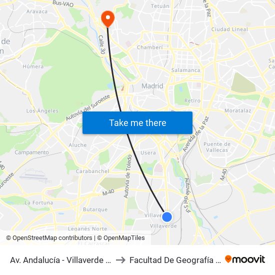 Av. Andalucía - Villaverde Bajo Cruce to Facultad De Geografía E Historia map