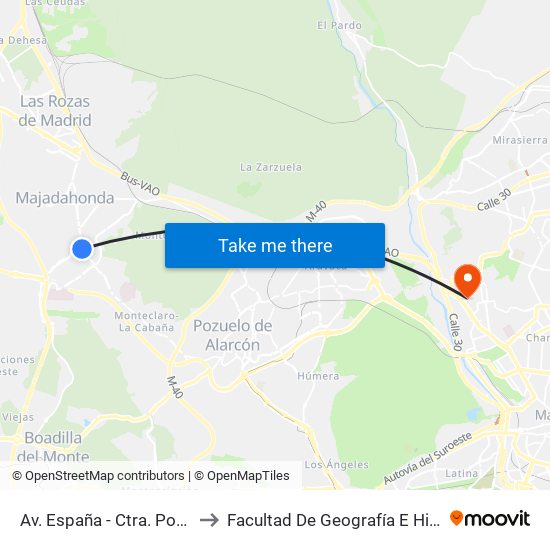 Av. España - Ctra. Pozuelo to Facultad De Geografía E Historia map