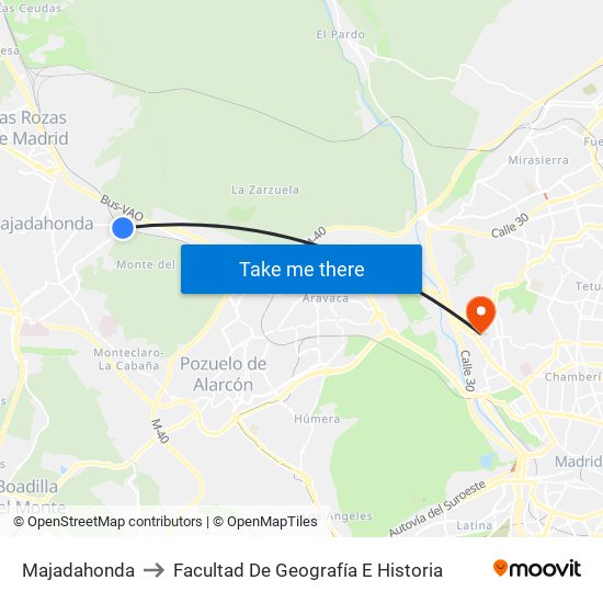Majadahonda to Facultad De Geografía E Historia map
