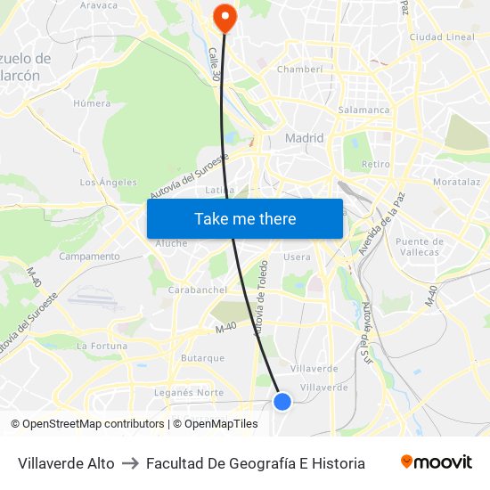 Villaverde Alto to Facultad De Geografía E Historia map