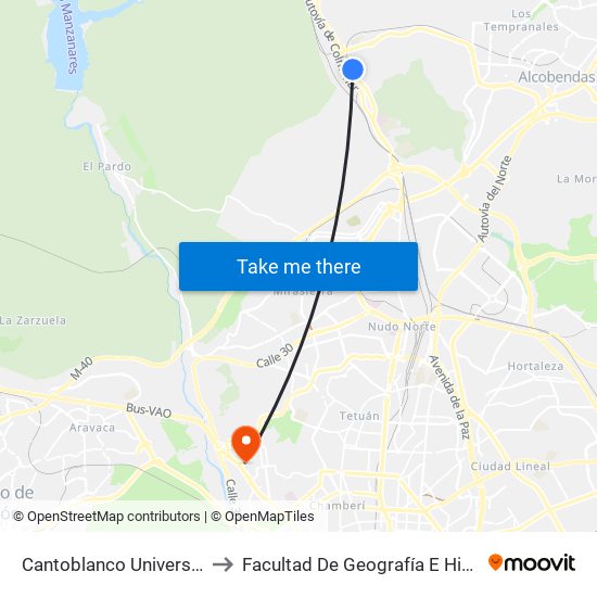 Cantoblanco Universidad to Facultad De Geografía E Historia map