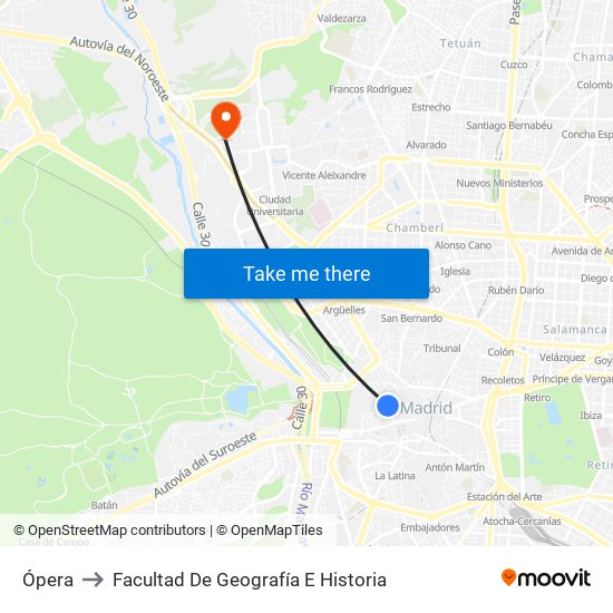Ópera to Facultad De Geografía E Historia map