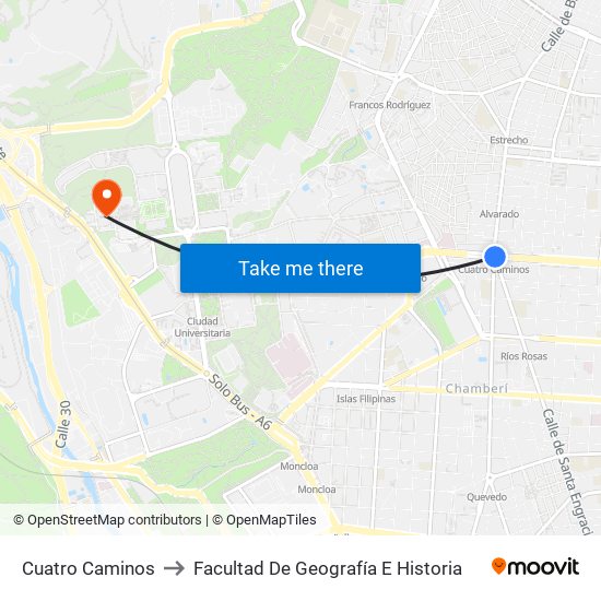 Cuatro Caminos to Facultad De Geografía E Historia map