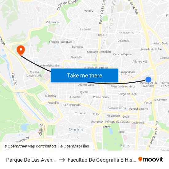 Parque De Las Avenidas to Facultad De Geografía E Historia map
