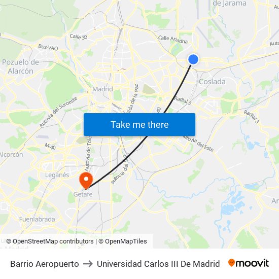 Barrio Aeropuerto to Universidad Carlos III De Madrid map