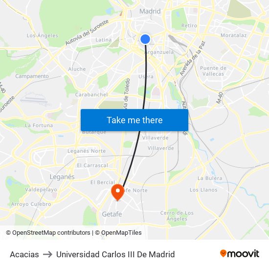 Acacias to Universidad Carlos III De Madrid map