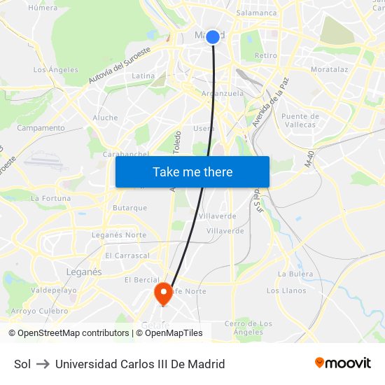 Sol to Universidad Carlos III De Madrid map