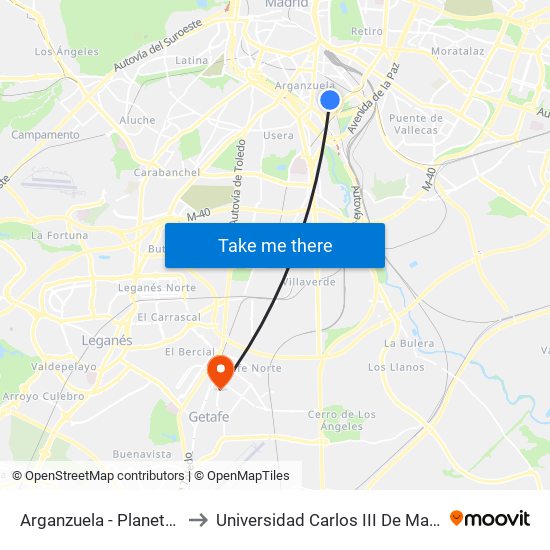 Arganzuela - Planetario to Universidad Carlos III De Madrid map