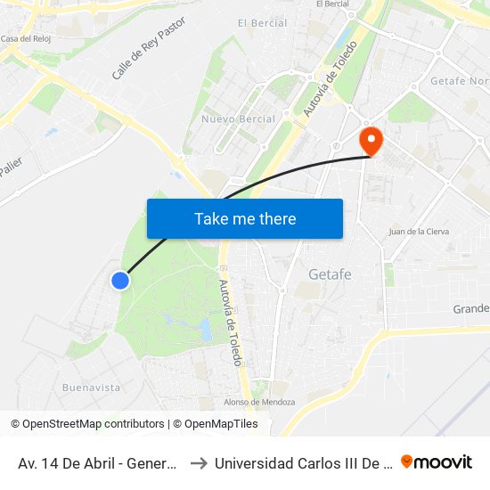 Av. 14 De Abril - General Miaja to Universidad Carlos III De Madrid map