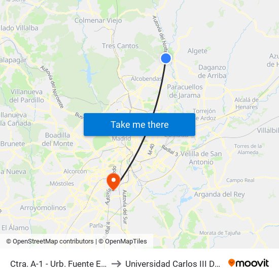 Ctra. A-1 - Urb. Fuente El Fresno to Universidad Carlos III De Madrid map