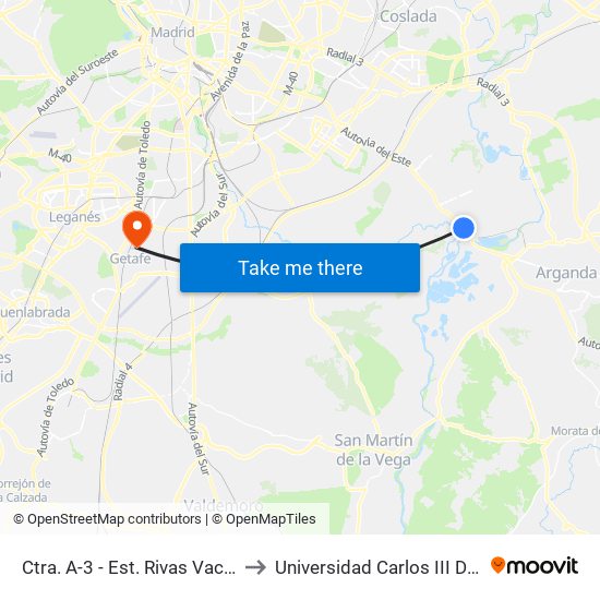 Ctra. A-3 - Est. Rivas Vaciamadrid to Universidad Carlos III De Madrid map