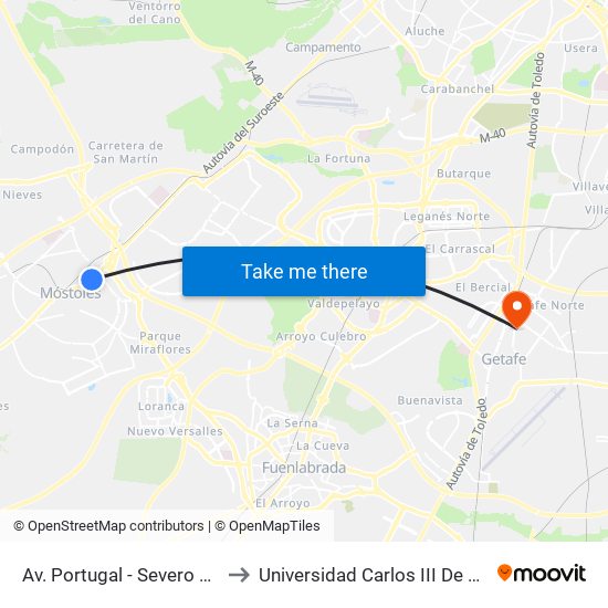 Av. Portugal - Severo Ochoa to Universidad Carlos III De Madrid map