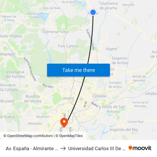 Av. España - Almirante Martel to Universidad Carlos III De Madrid map