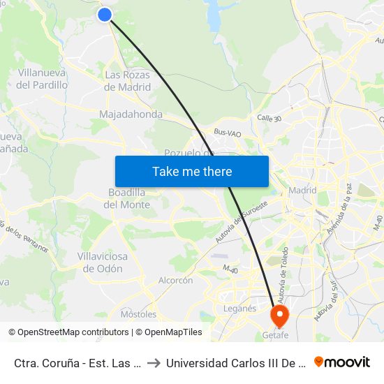 Ctra. Coruña - Est. Las Matas to Universidad Carlos III De Madrid map