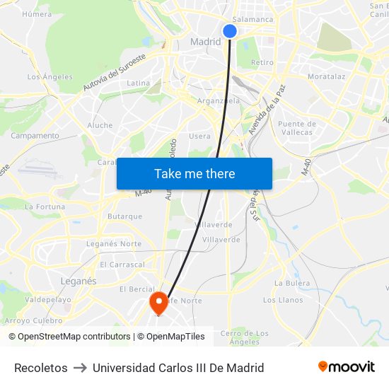 Recoletos to Universidad Carlos III De Madrid map