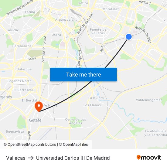 Vallecas to Universidad Carlos III De Madrid map