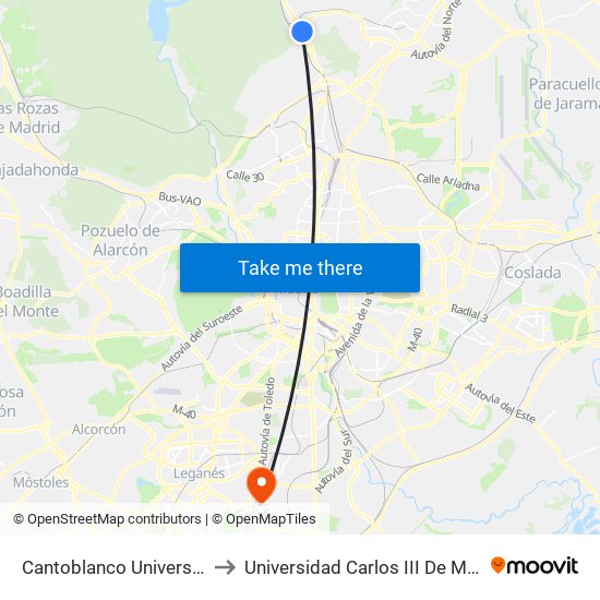 Cantoblanco Universidad to Universidad Carlos III De Madrid map