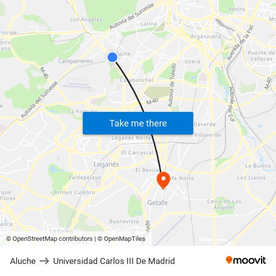 Aluche to Universidad Carlos III De Madrid map