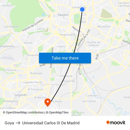 Goya to Universidad Carlos III De Madrid map