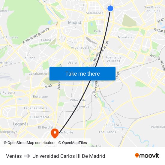 Ventas to Universidad Carlos III De Madrid map