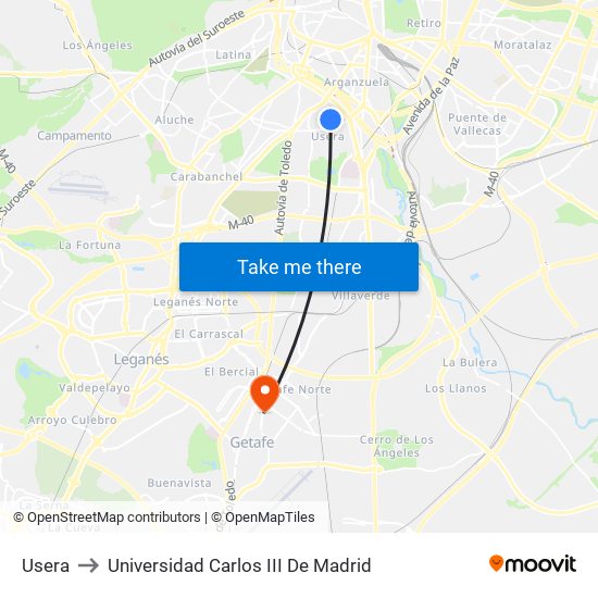 Usera to Universidad Carlos III De Madrid map