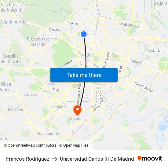 Francos Rodríguez to Universidad Carlos III De Madrid map