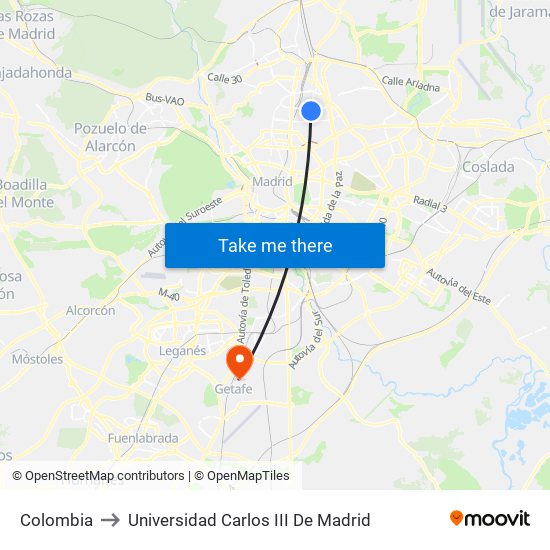 Colombia to Universidad Carlos III De Madrid map