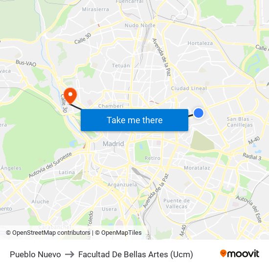 Pueblo Nuevo to Facultad De Bellas Artes (Ucm) map