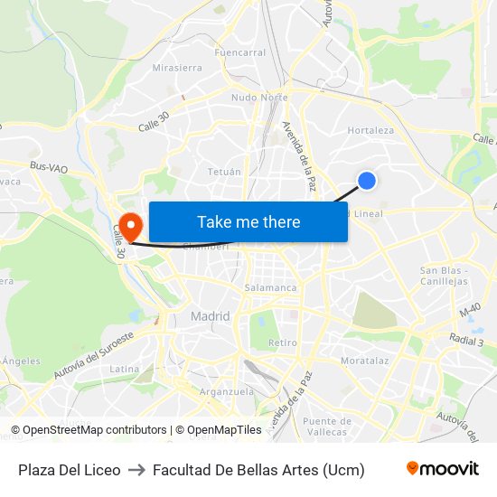 Plaza Del Liceo to Facultad De Bellas Artes (Ucm) map