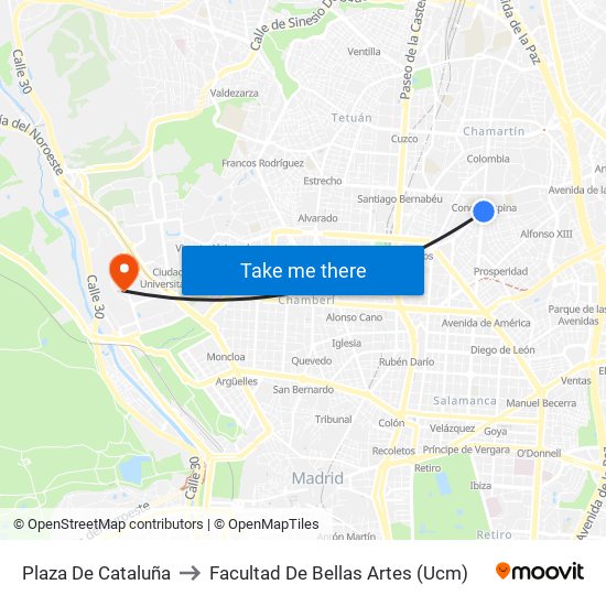 Plaza De Cataluña to Facultad De Bellas Artes (Ucm) map