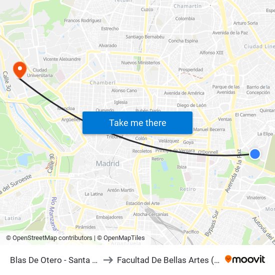 Blas De Otero - Santa Irene to Facultad De Bellas Artes (Ucm) map
