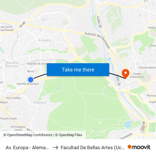 Av. Europa - Alemania to Facultad De Bellas Artes (Ucm) map