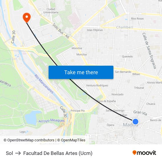 Sol to Facultad De Bellas Artes (Ucm) map