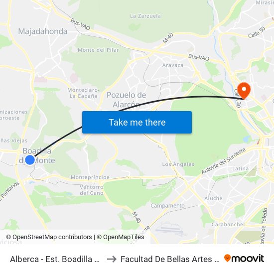 Alberca - Est. Boadilla Centro to Facultad De Bellas Artes (Ucm) map
